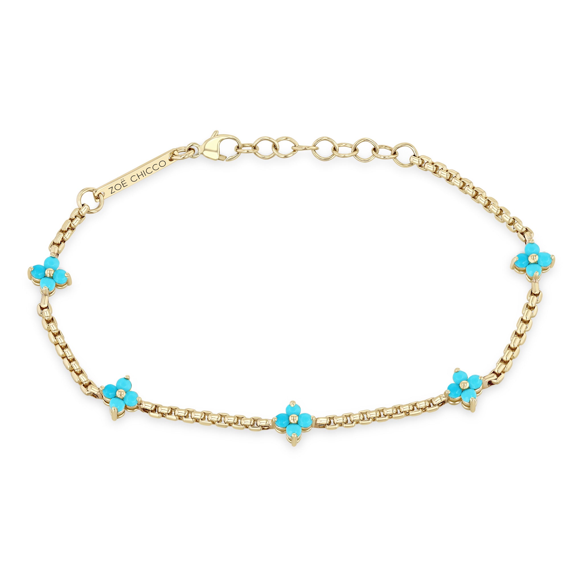 Zoe Chicco 14k gold box chain bracelet with a prong set turquoise quad stations on a white background