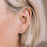 A woman with blonde hair is wearing Zoe Chicco's 14k Prong Diamond Quad Studs