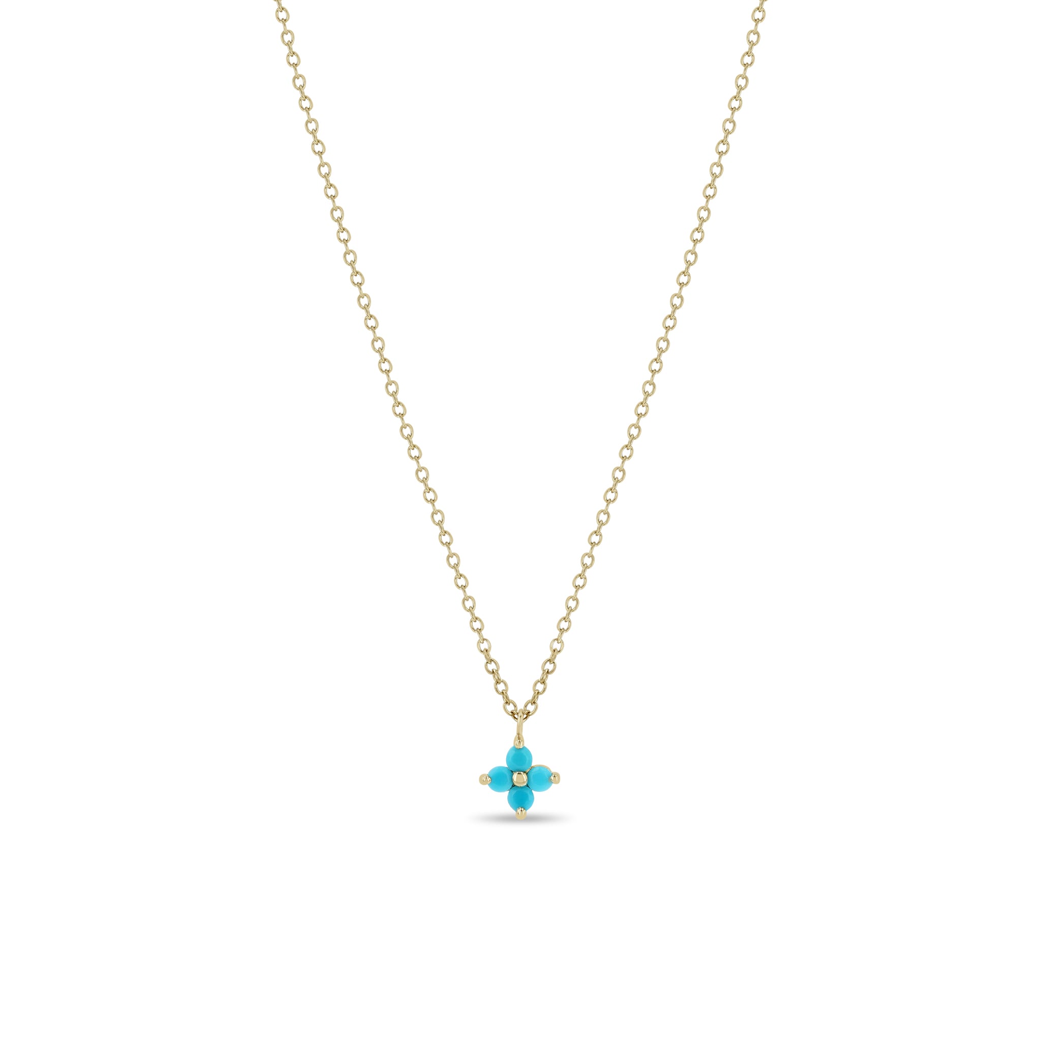 Zoe Chicco 14k gold chain necklace with a prong set turquoise quad pendant on a white background