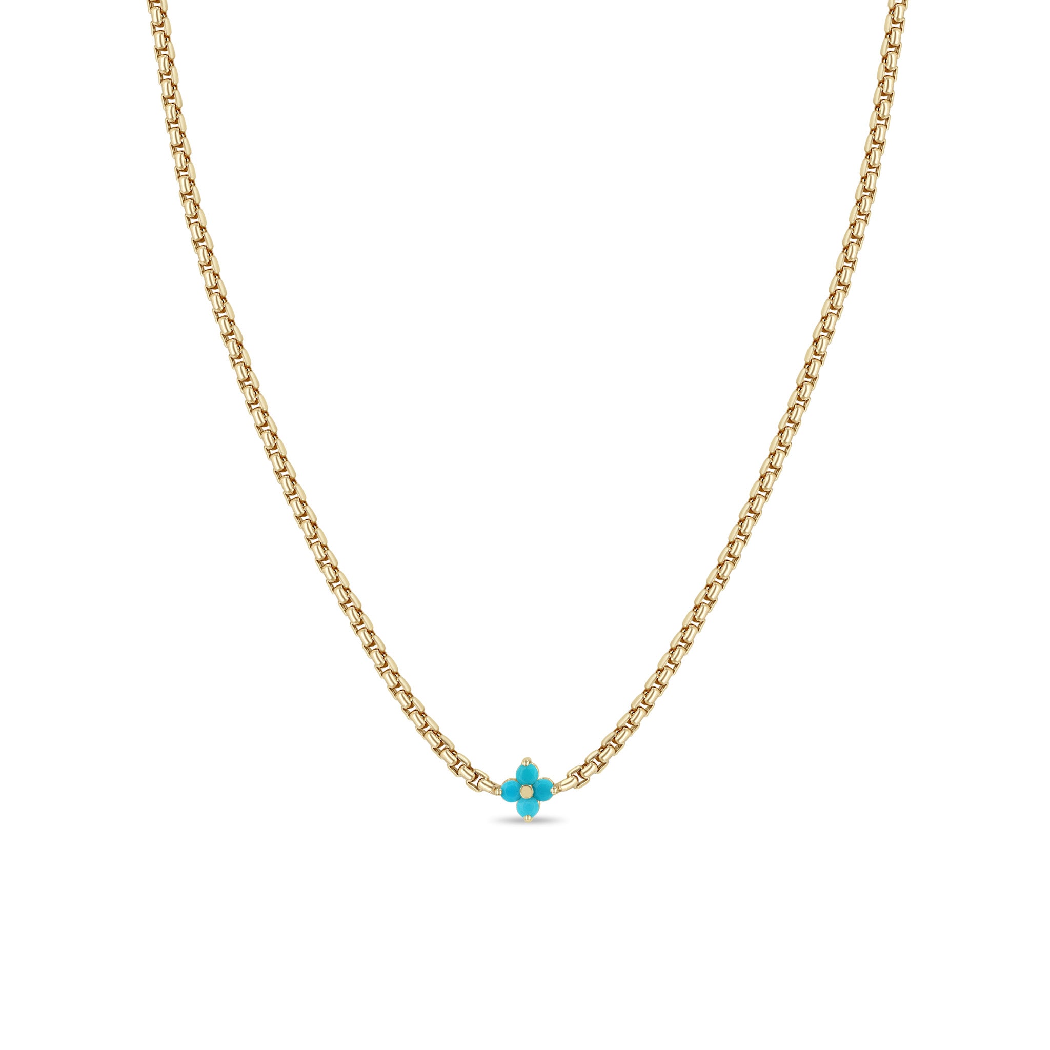 Zoe Chicco 14k gold box chain necklace with a prong set turquoise quad set in the chain on a white background