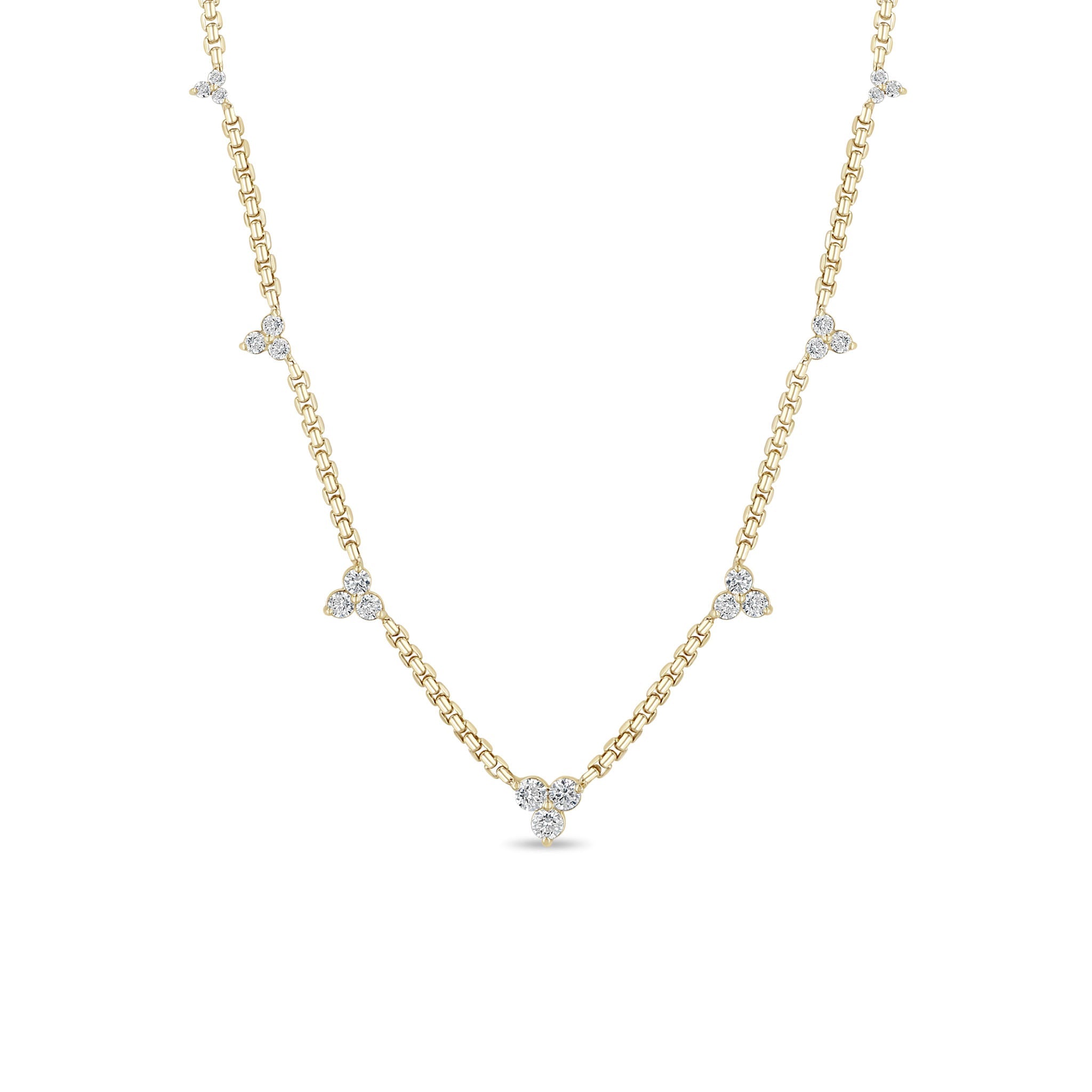 Zoe Chicco 14k gold chain necklace with diamond trios on a white background
