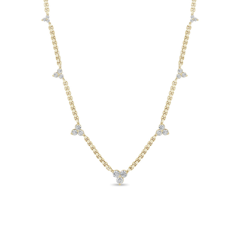 14k Graduated Prong Diamond Trio Station Small Box Chain Necklace