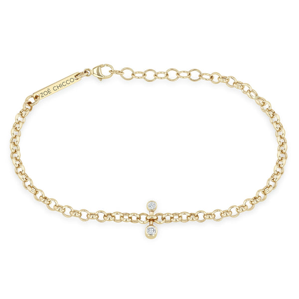14k Mixed Diamond Bezel Barbell Medium Rolo Chain Bracelet