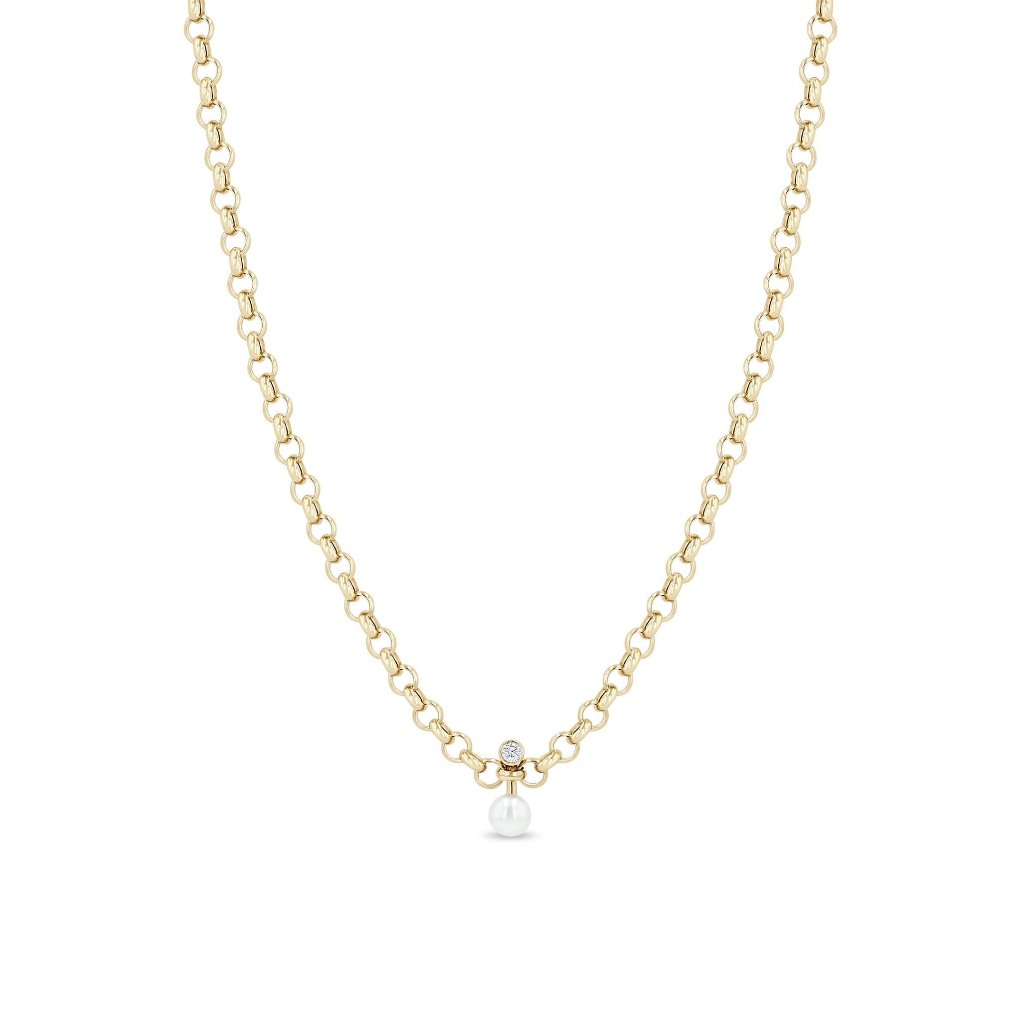 Zoe Chicco 14k Pearl & Diamond Barbell Medium Rolo Chain Necklace on a white background