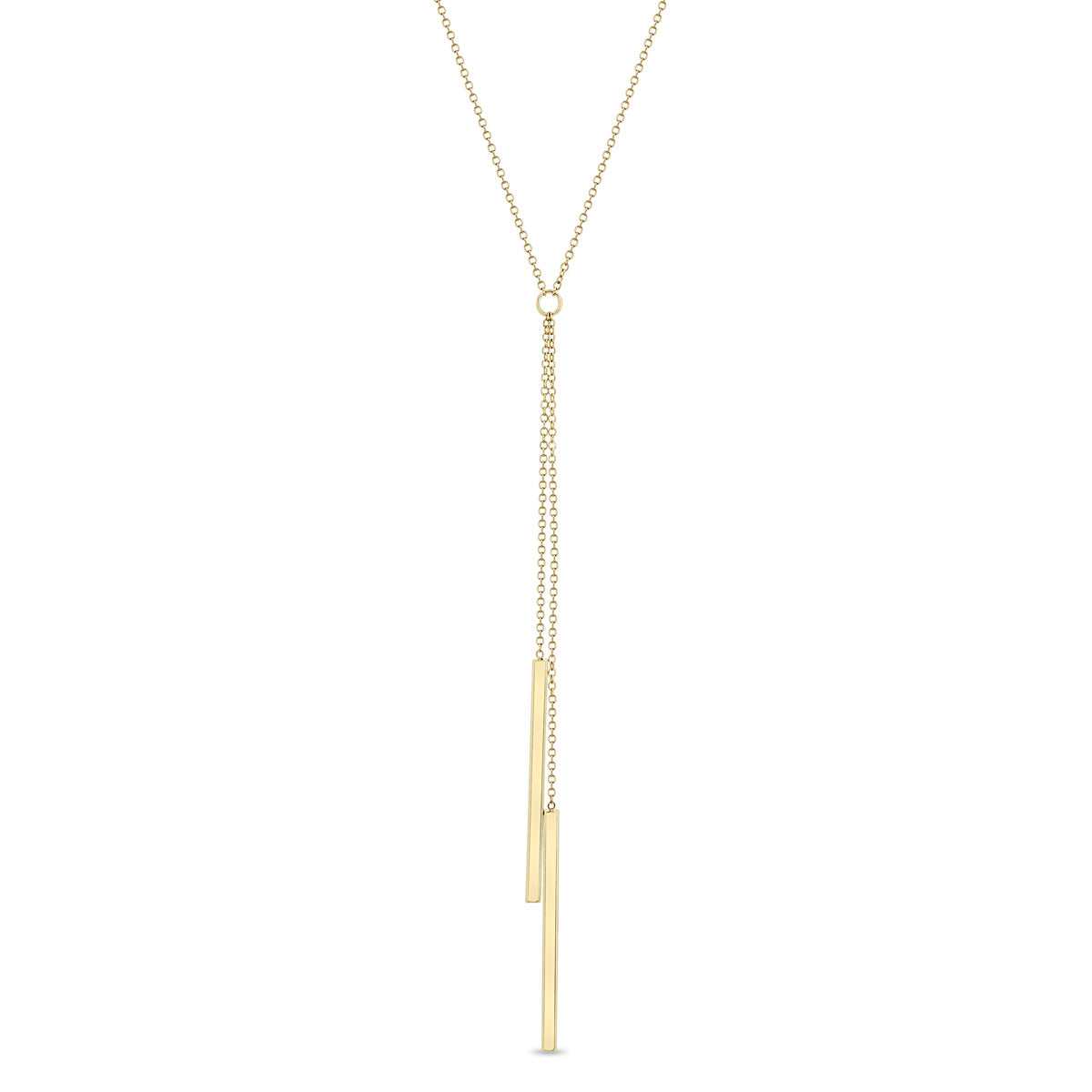 Zoe Chicco 14k gold lariat necklace with a long bar pendants on a white background
