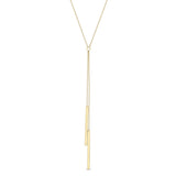 Zoe Chicco 14k gold lariat necklace with a long bar pendants on a white background