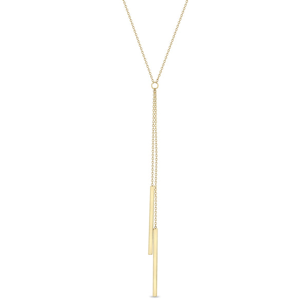 Zoe Chicco 14k gold lariat necklace with a long bar pendants on a white background