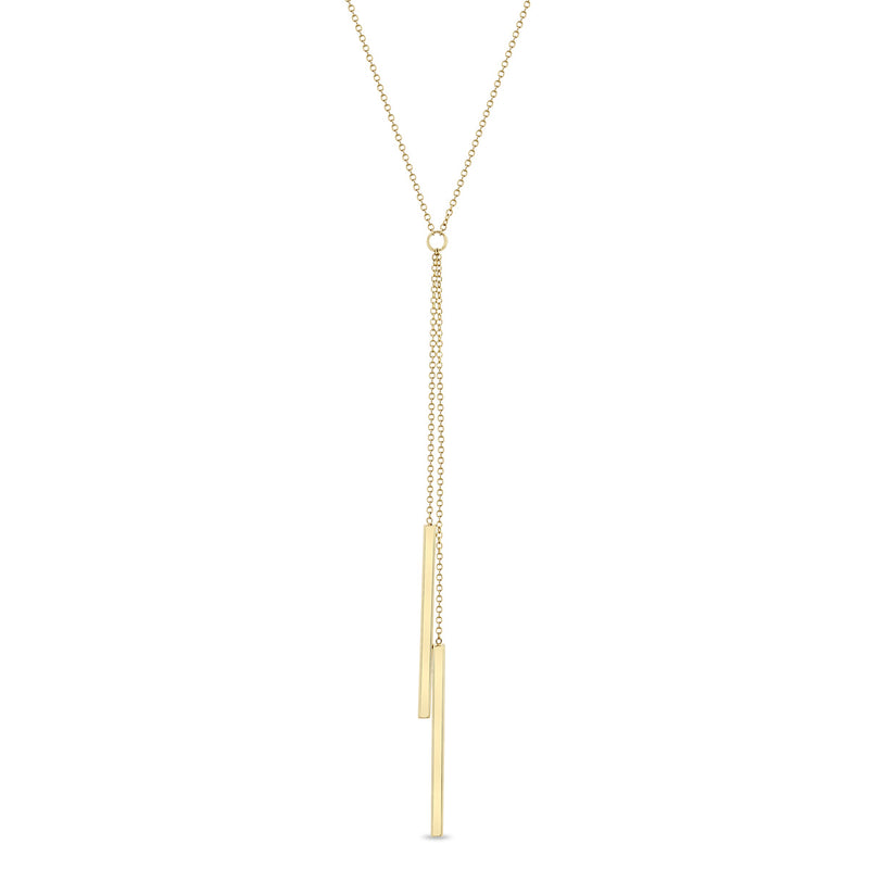 Zoe Chicco 14k gold lariat necklace with a long bar pendants on a white background