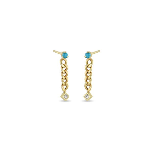 Zoë Chicco 14k Gold Prong Turquoise & Princess Diamond Small Curb Chain Drop Earrings