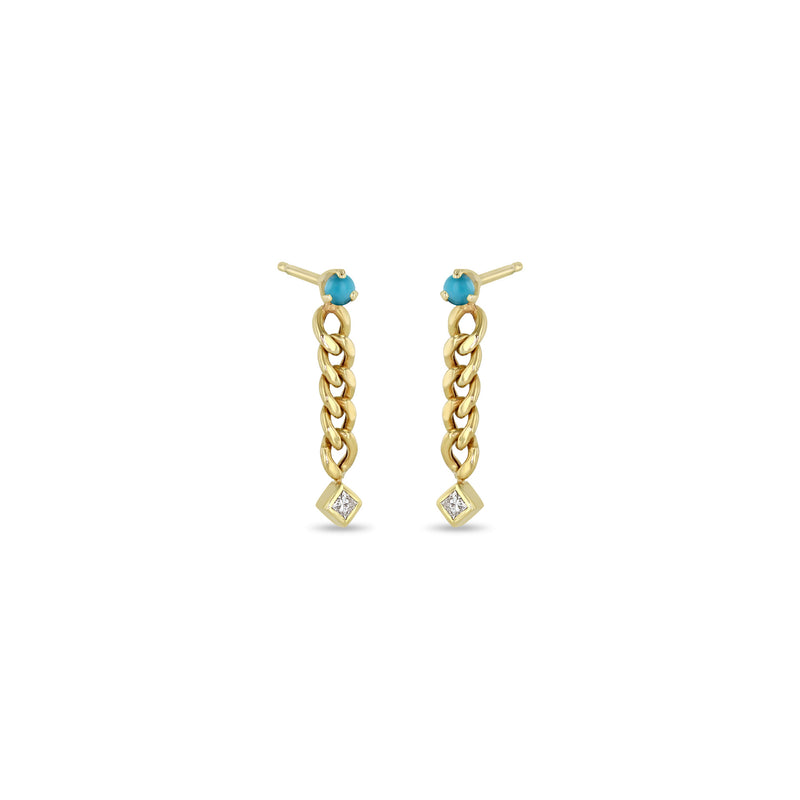 Zoë Chicco 14k Gold Prong Turquoise & Princess Diamond Small Curb Chain Drop Earrings