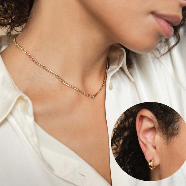 woman wearing 14k Heavy Metal Necklace and Earring Set