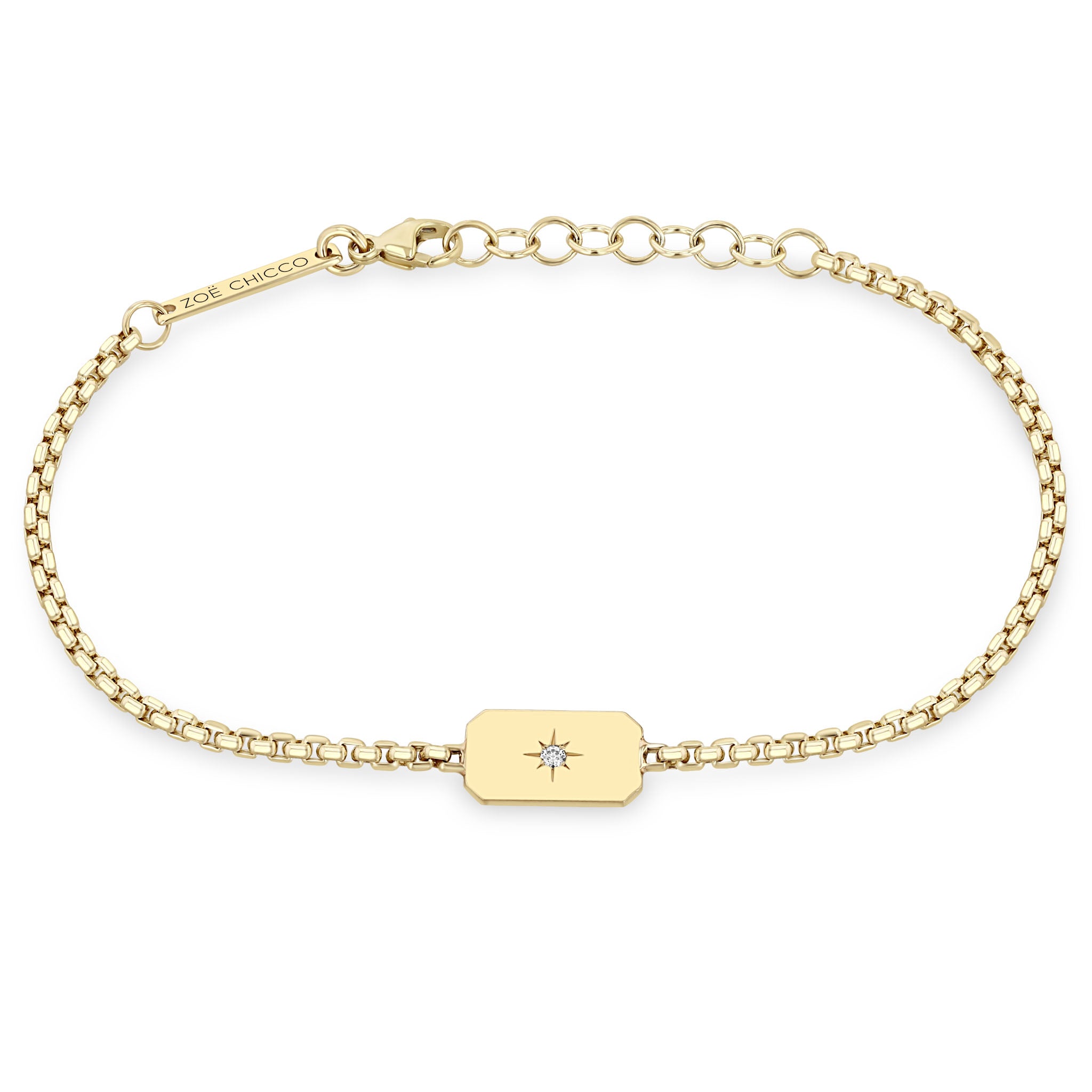 Zoë Chicco 14k Gold Horizontal Star Set Diamond Square Edge Dog Tag Bracelet