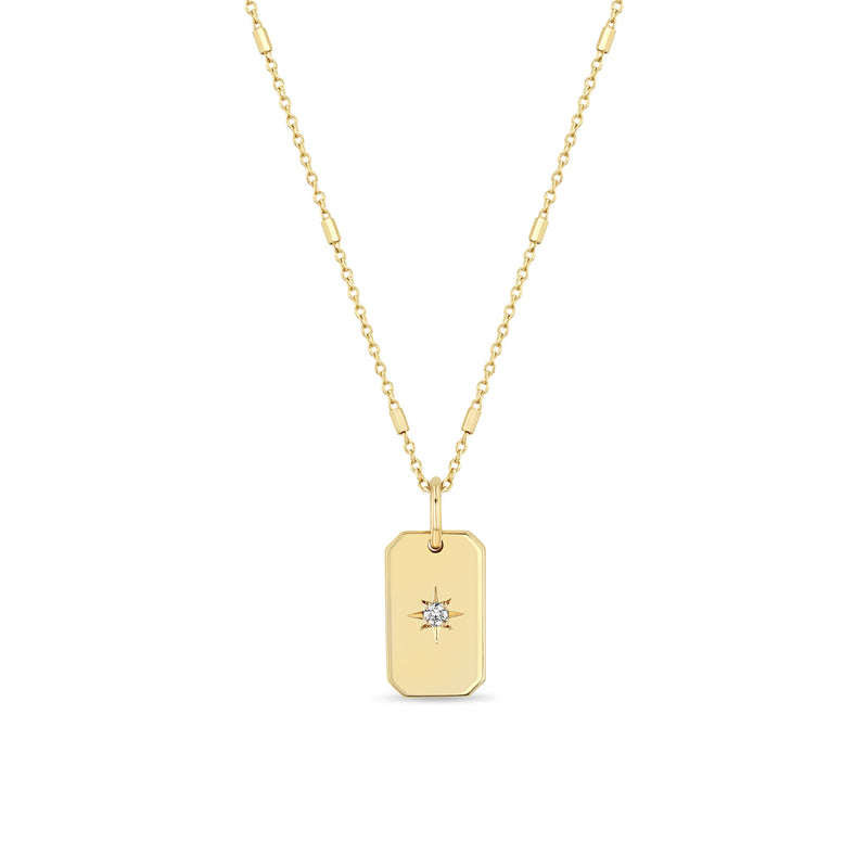 Zoë Chicco 14k Gold Star Set Diamond Small Square Edge Dog Tag Necklace on a Bar and Cable Chain
