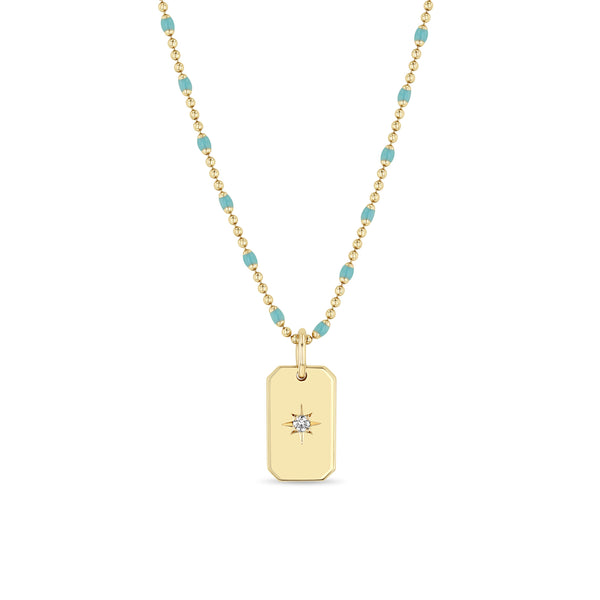Zoë Chicco 14k Gold Star Set Diamond Small Square Edge Dog Tag Necklace on a Turquoise Enamel Tube Bar Chain