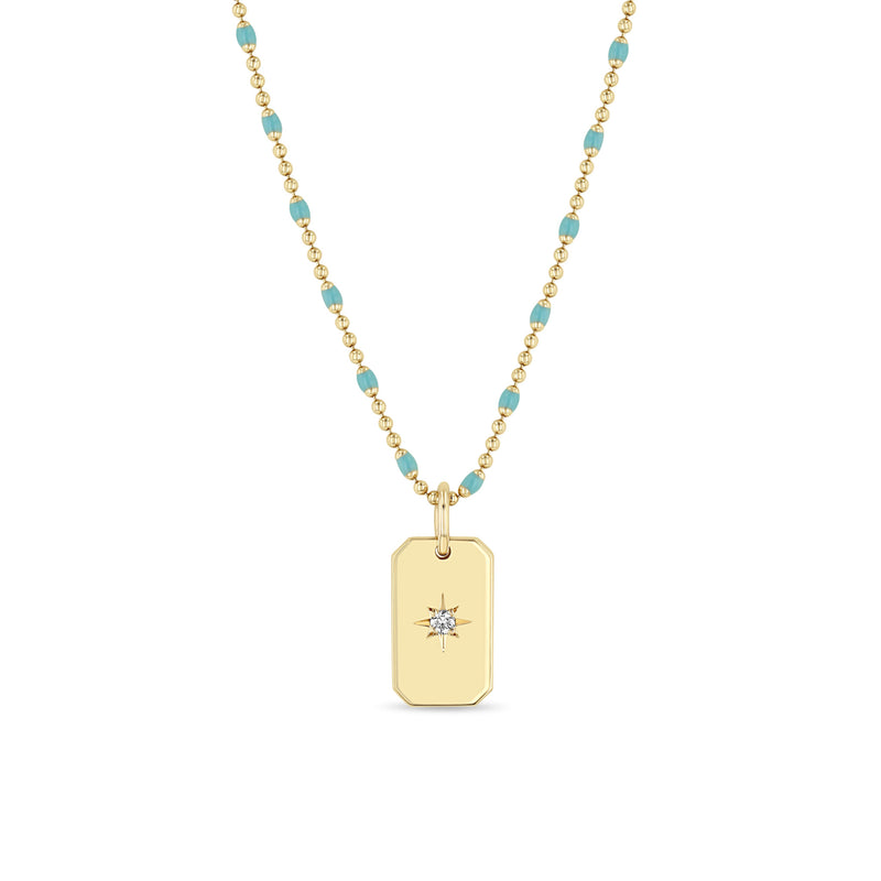 Zoë Chicco 14k Gold Star Set Diamond Small Square Edge Dog Tag Necklace on a Turquoise Enamel Tube Bar Chain