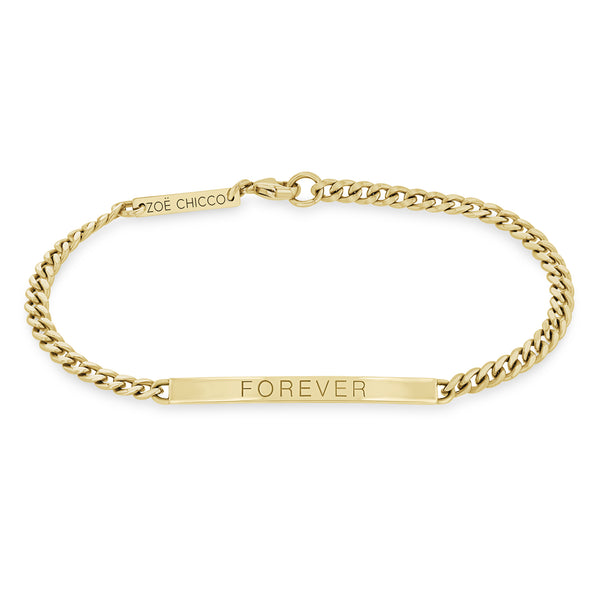Zoë Chicco 14k Gold Small Curb Chain Personalized ID Bracelet engraved with "FOREVER"
