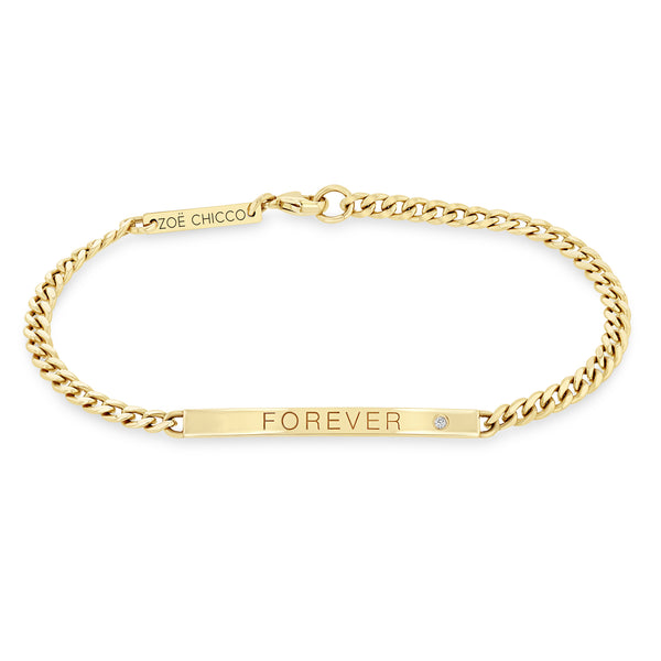 Zoë Chicco 14k Gold Small Curb Chain Personalized ID Bracelet with Diamond engraved with "FOREVER"