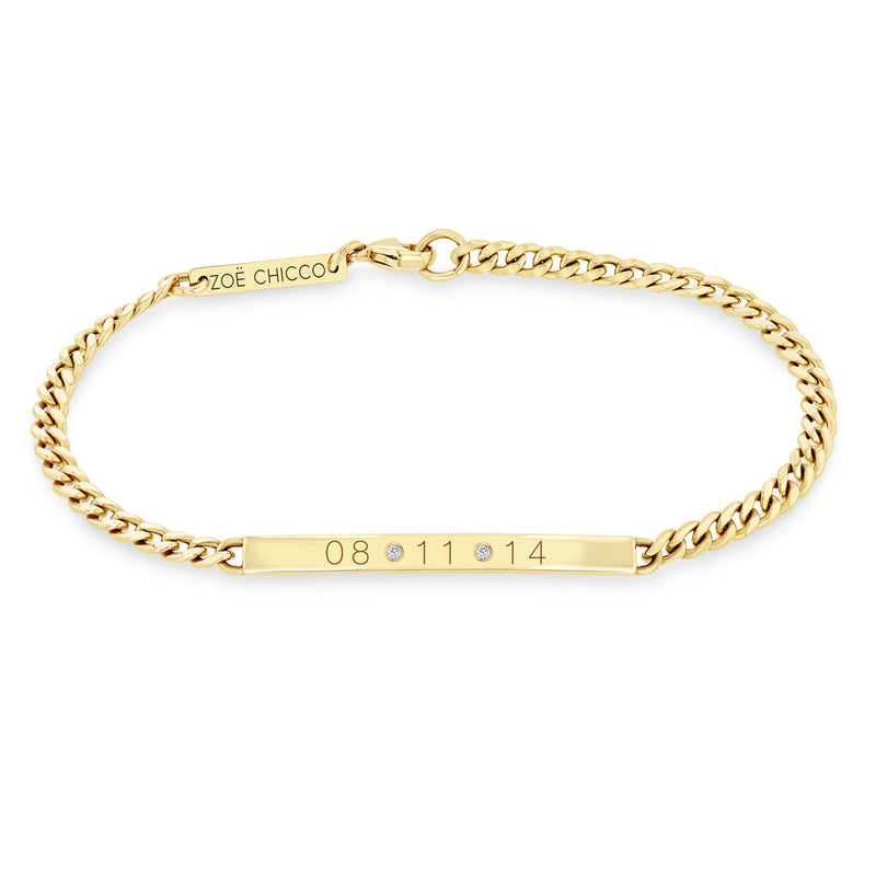 Zoë Chicco 14k Gold Personalized Date ID Curb Chain Bracelet with 2 Diamonds engraved with the date 08.11.14