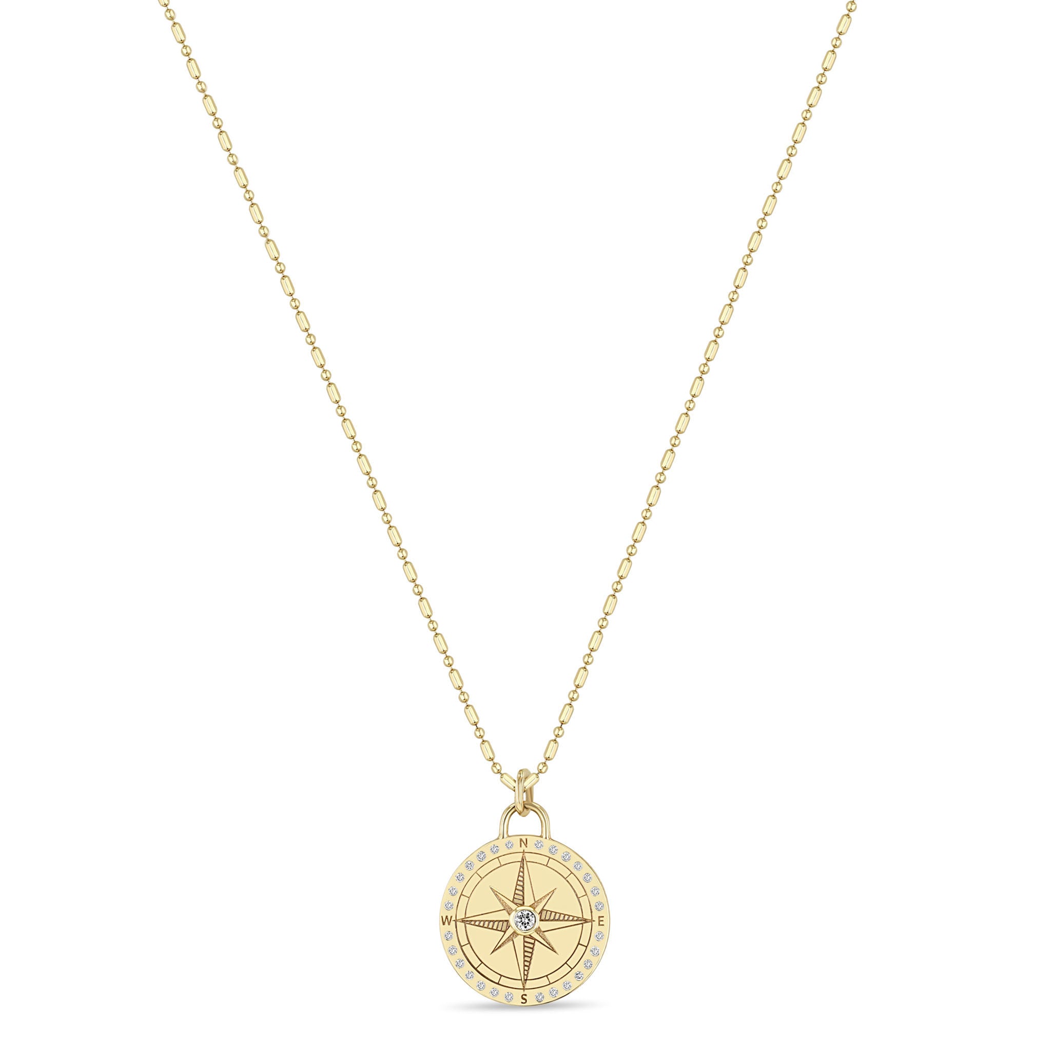 Zoë Chicco 14k Gold Small Compass Medallion Tube Bar Chain Necklace with Diamond Border