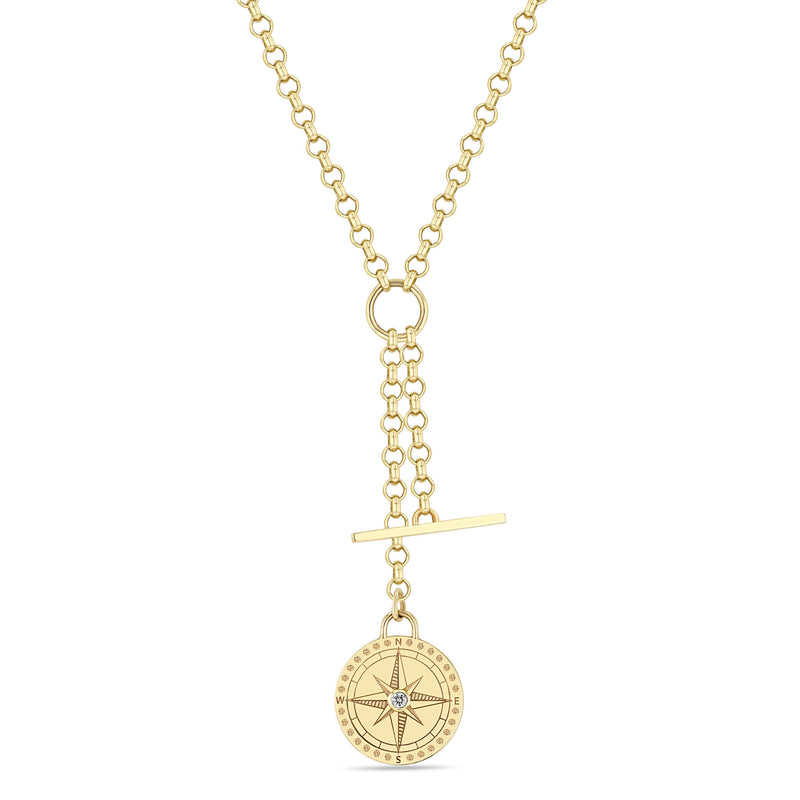 Zoë Chicco 14k Gold Small Compass Medallion & Toggle Medium Rolo Chain Lariat Necklace