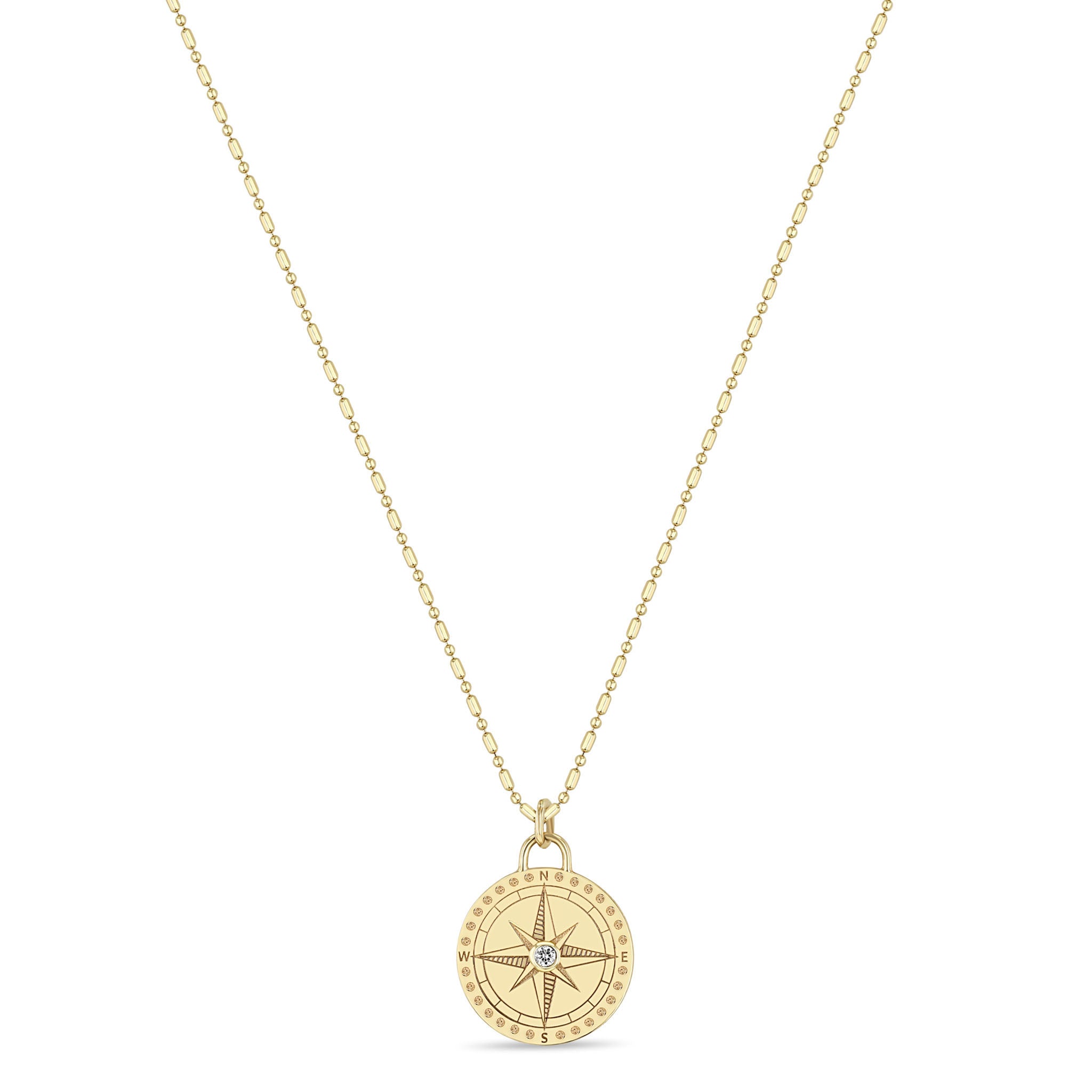 Zoë Chicco 14k Gold Small Compass Medallion Tube Bar Chain Necklace with Dot Border