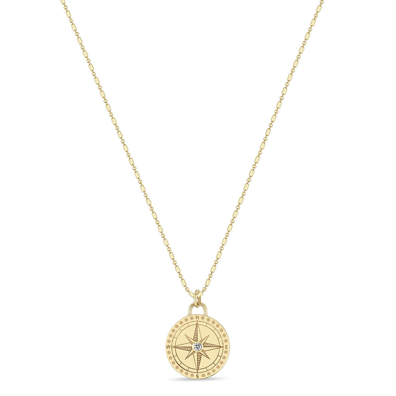 Zoë Chicco 14k Gold Small Compass Medallion Tube Bar Chain Necklace with Dot Border
