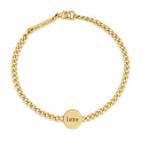 top down view of a Zoë Chicco 14k Gold love & xoxo Double-Sided Disc Curb Chain Bracelet on the love side