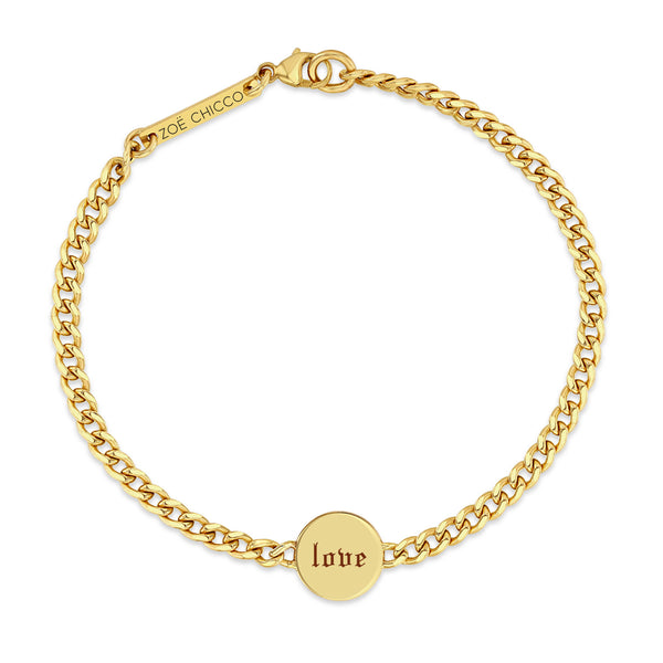 top down view of a Zoë Chicco 14k Gold love & xoxo Double-Sided Disc Curb Chain Bracelet on the love side