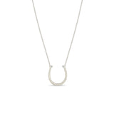 Zoe Chicco 14k white gold chain necklace with a thin horseshoe shaped pendant with two small baguette diamonds on a white background 