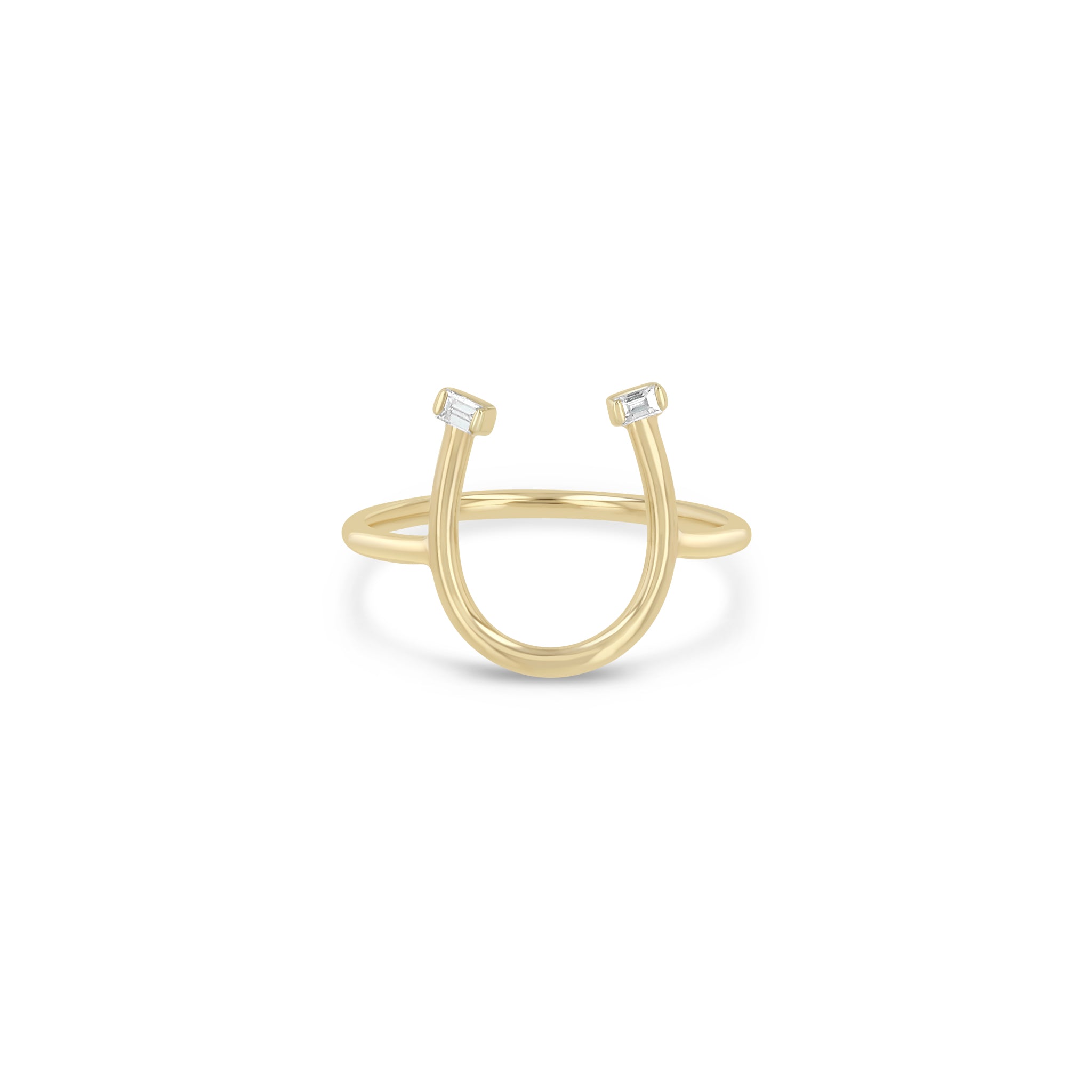 Zoe Chicco 14k gold horseshoe-shaped ring with small baguette diamonds on a white background