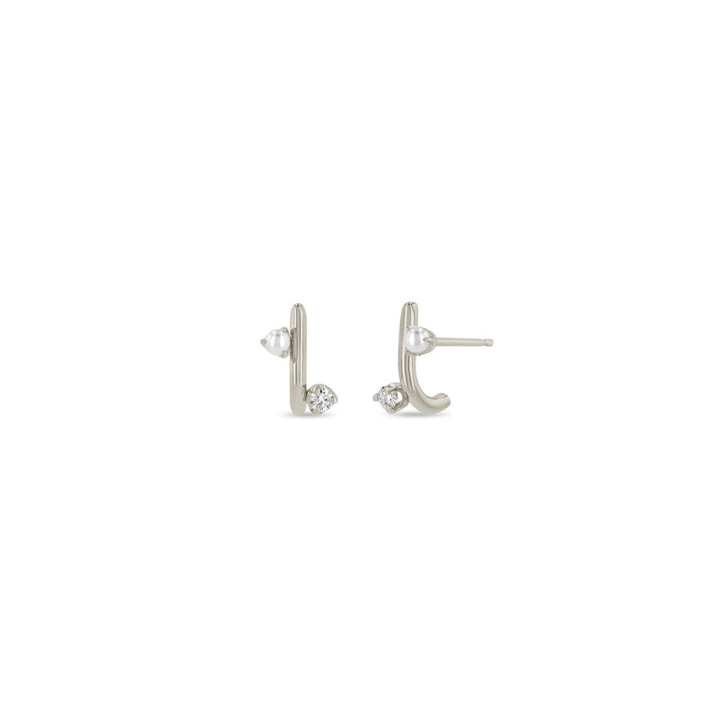 Zoë Chicco 14k Gold Mixed Prong Pearl & Diamond J Hook Hoop Earrings