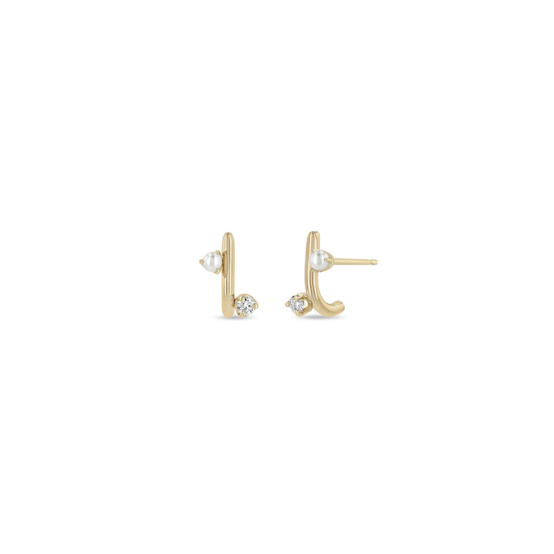 Zoë Chicco 14k Gold Mixed Prong Pearl & Diamond J Hook Hoop Earrings