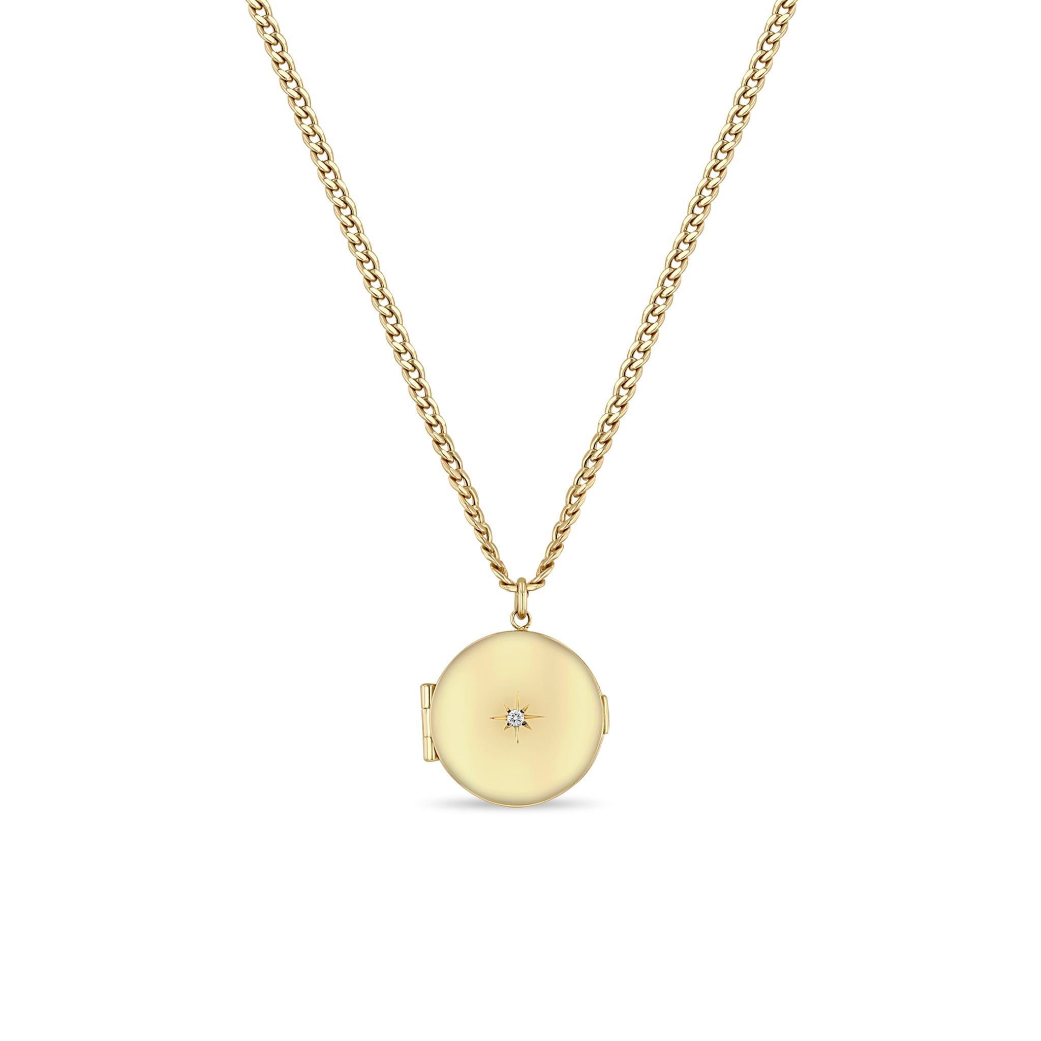 Zoë Chicco 14k Gold Round Star Set Diamond Locket Curb Chain Necklace