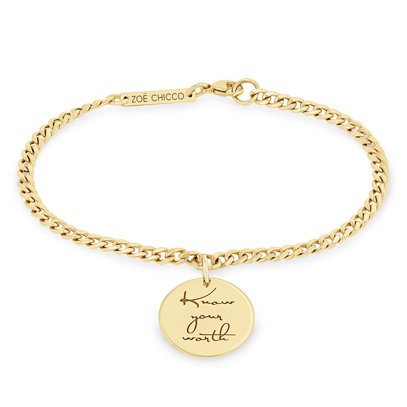 Zoë Chicco 14k Gold Small Mantra Charm Bracelet engraved with "Known your worth"