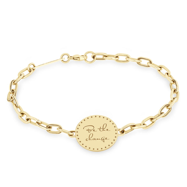 Zoë Chicco 14k Gold Small Mantra Medium Square Oval Link Bracelet engraved with "Be the change"