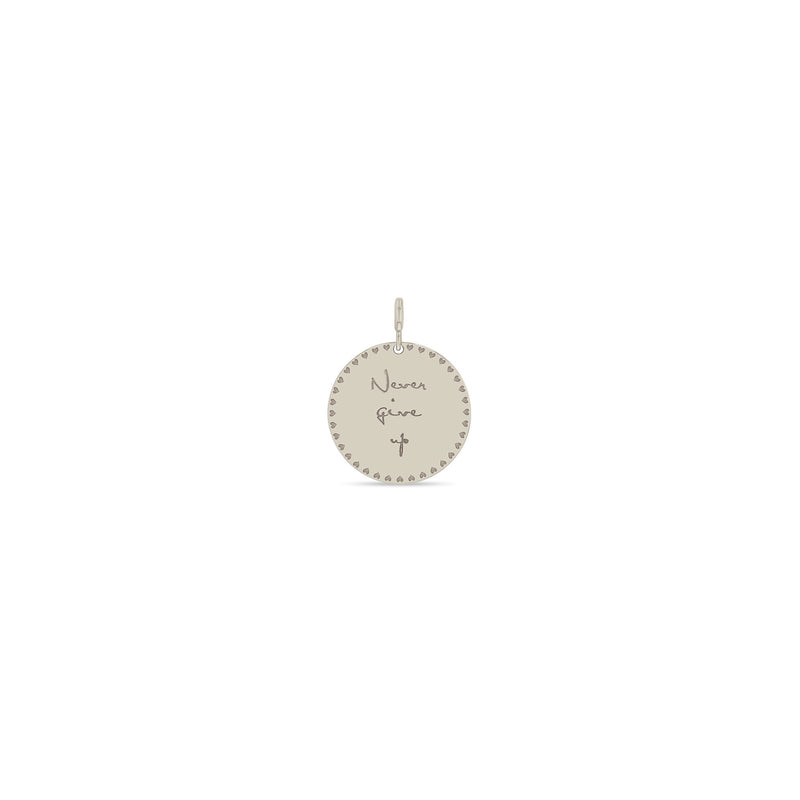 Zoë Chicco 14k Gold Small Mantra with Heart Border Disc Spring Ring Charm Pendant engraved with "Never give up"