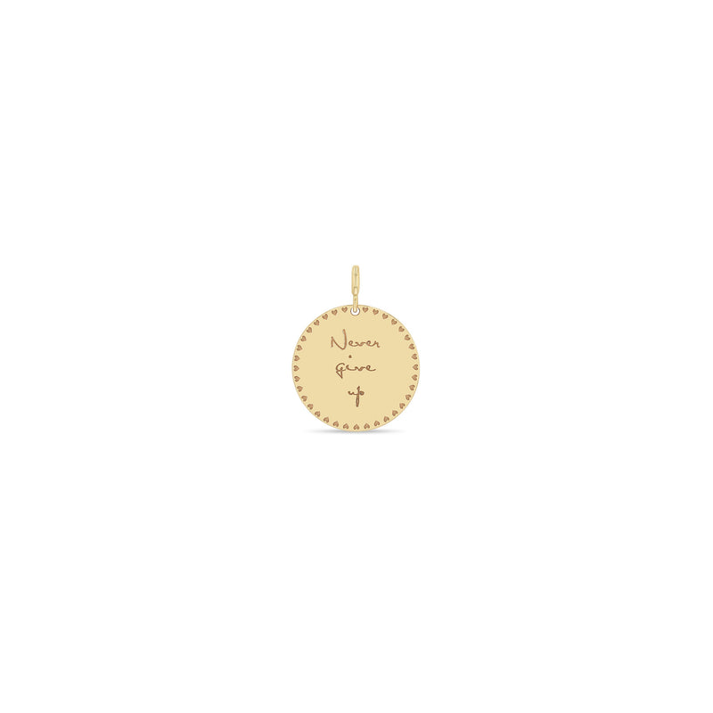 Zoë Chicco 14k Yellow Gold Small Mantra with Heart Border Disc Spring Ring Charm Pendant engraved with "Never give up"