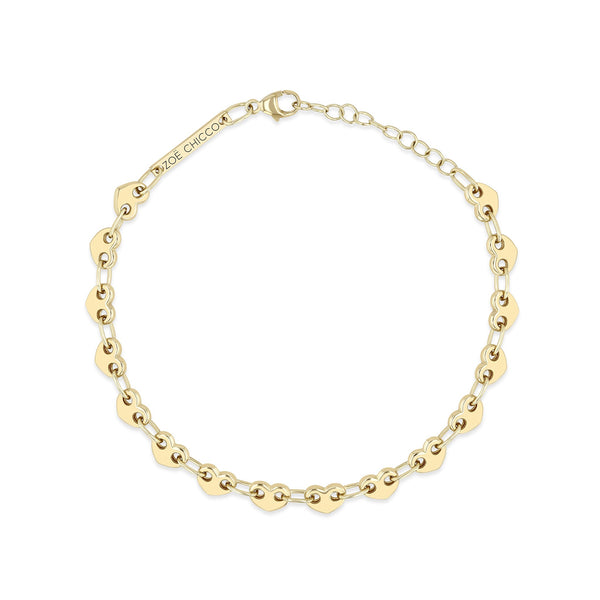 Zoe Chicco 14k gold heart shaped link chain bracelet on a white background