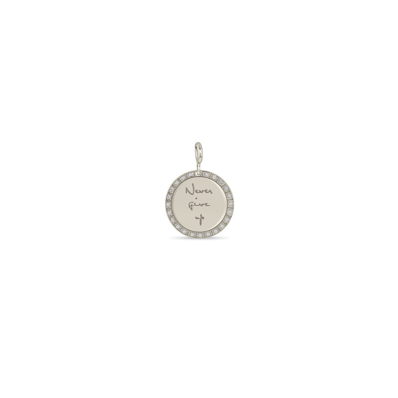 Zoë Chicco 14k Gold Small Mantra with Diamond Border Disc Large Clip On Charm Pendant engraved with "Never give up"