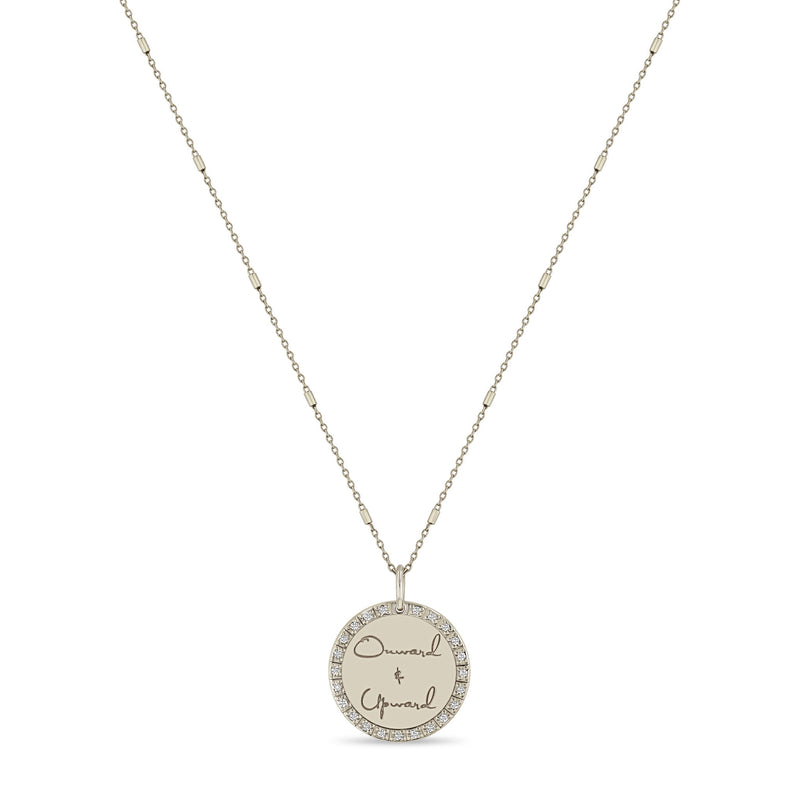 14k Small Mantra Diamond Border Necklace on Tiny Bar & Cable Chain