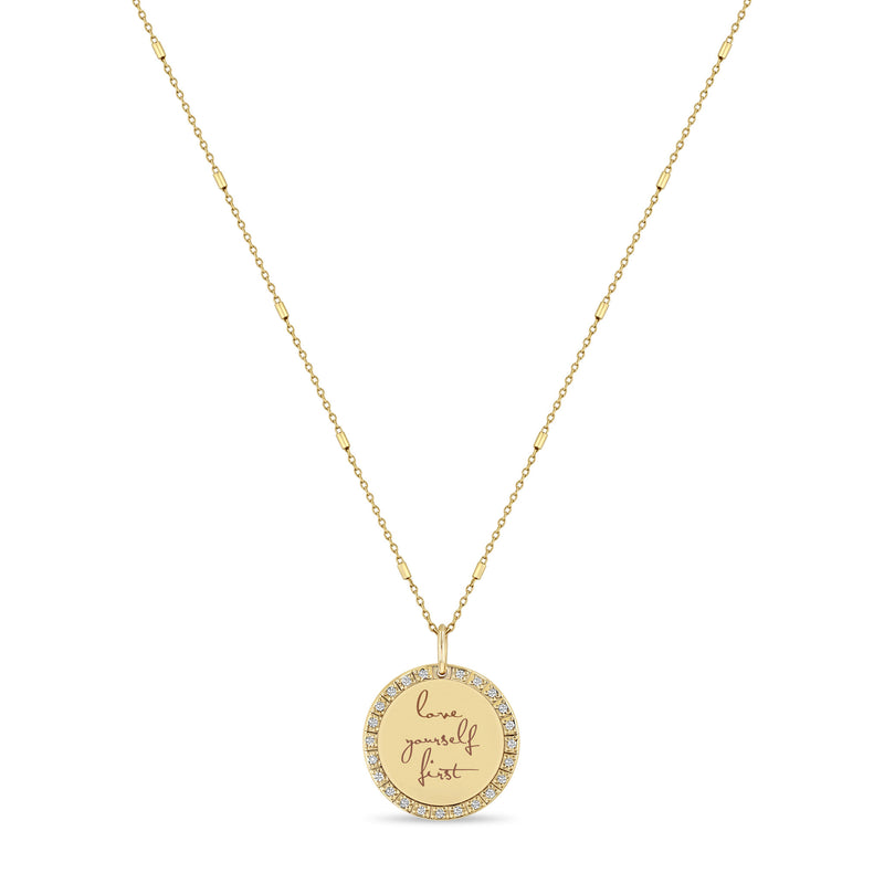 Zoe Chicco 14k Gold Small Mantra Diamond Border Necklace on Tiny Bar & Cable Chain engraved with "love yourself first"