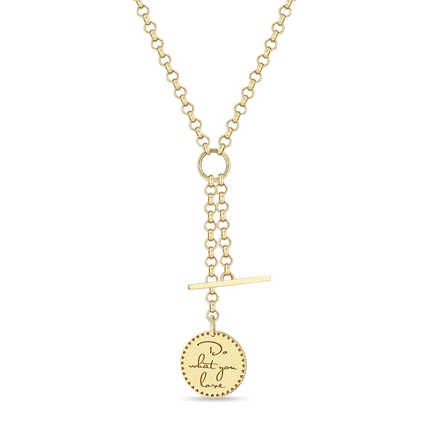 Zoë Chicco 14k Gold Small Mantra Toggle Lariat Necklace on Medium Rolo Chain engraved with "Do what you love"