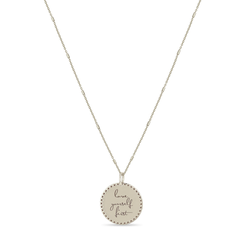 Zoë Chicco 14k Gold Small Mantra with Heart Border Necklace engraved with "love yourself first"
