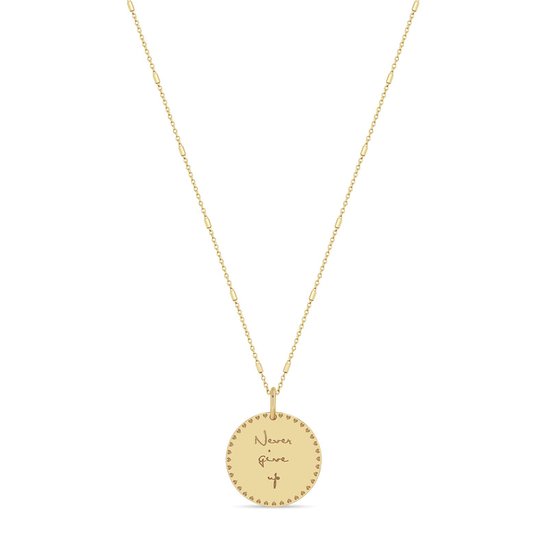 Zoë Chicco 14k Gold Small Mantra with Heart Border Necklace engraved with "Never give up"