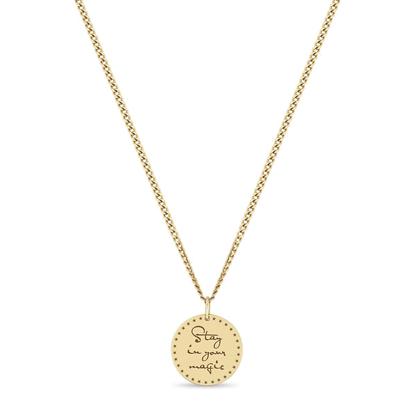 Zoë Chicco 14k Gold Small Mantra Necklace on Extra Small Curb Chain Engraved with "Stay in your magic"