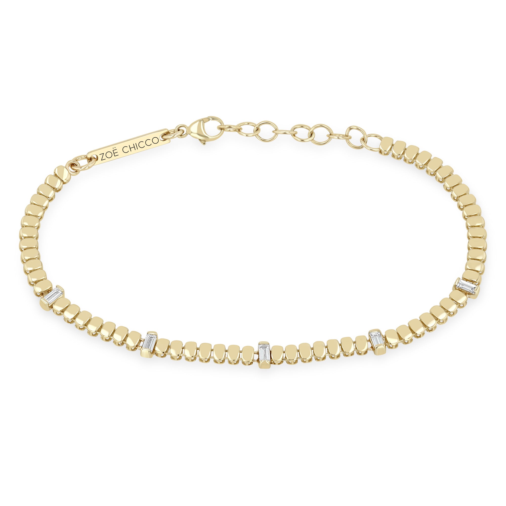 Zoe Chicco 14k Gold Puffed Oval Chain & Baguette Diamond Station Bracelet on a white background 