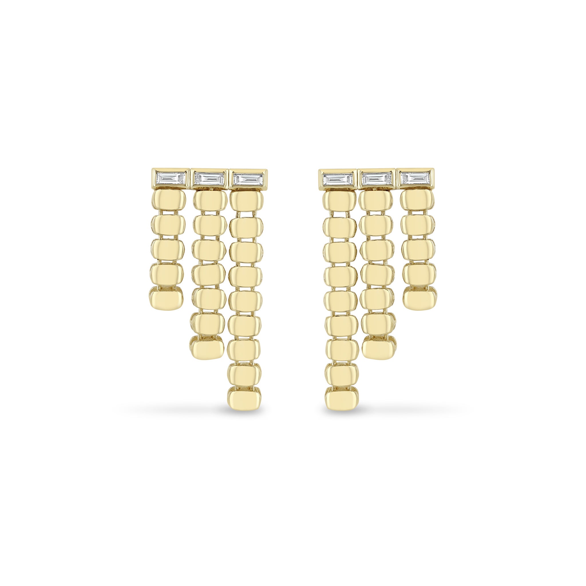 Zoe Chicco 14k Gold Puffed Oval Chain & Baguette Diamond Waterfall Earrings on a white background