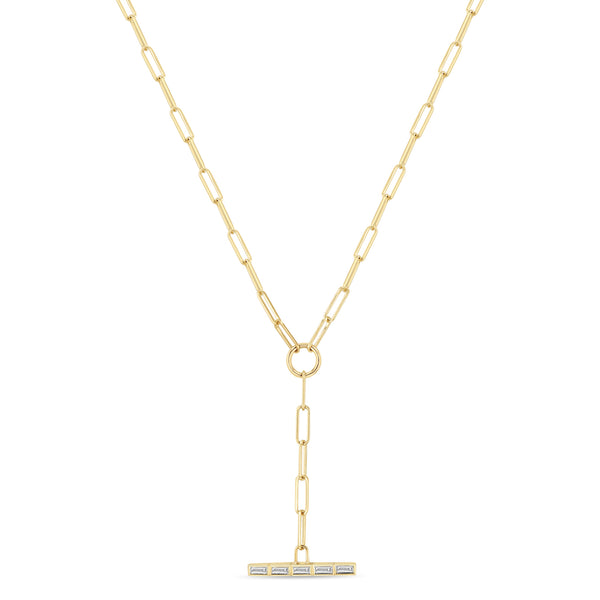 Zoë Chicco 14k Gold Channel Set Baguette Diamond Bar Paperclip Chain Lariat Necklace