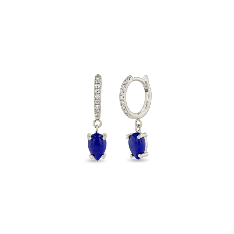14k Dangling Pear Lapis Small Pavé Diamond Hinge Huggie Hoops