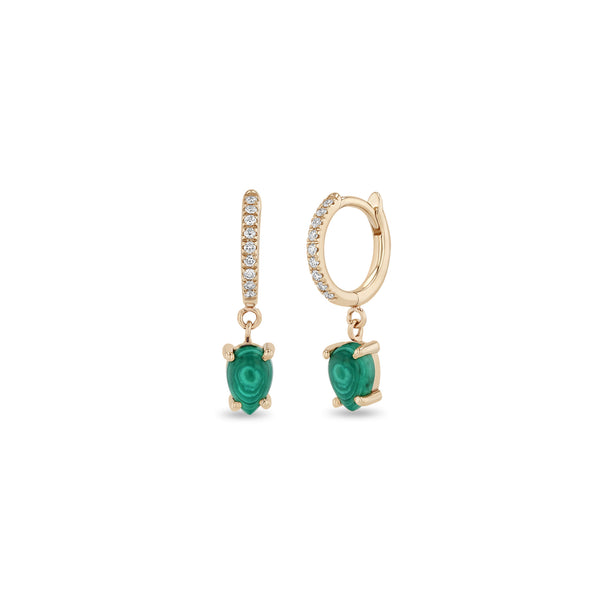 Zoe Chicco 14k Rose Gold Dangling Pear Malachite Small Pavé Diamond Hinge Huggie Hoops